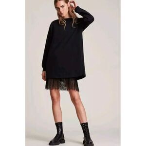 All Saints Lee Lace Trim Black SweatShirt Long Sleeve Dress NWT Sz XS Flawed